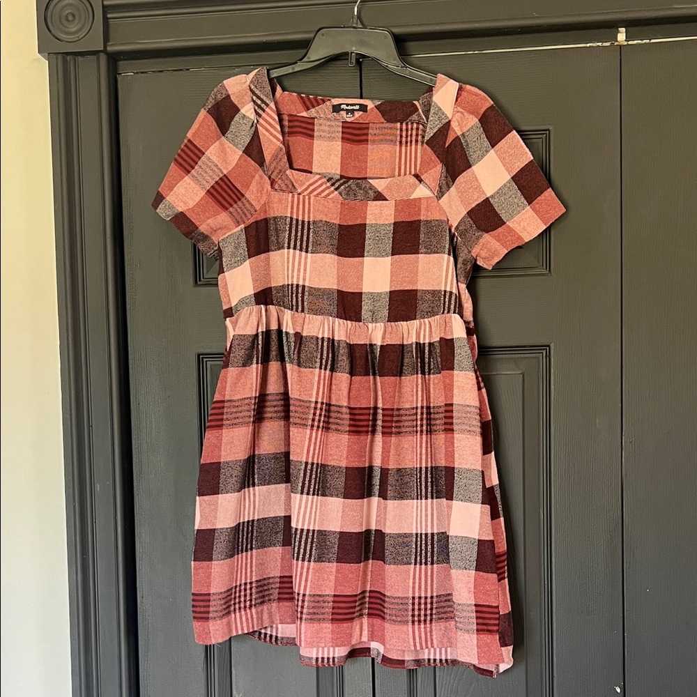 Madewell Plaid Dress in Pink, maroon and black.
